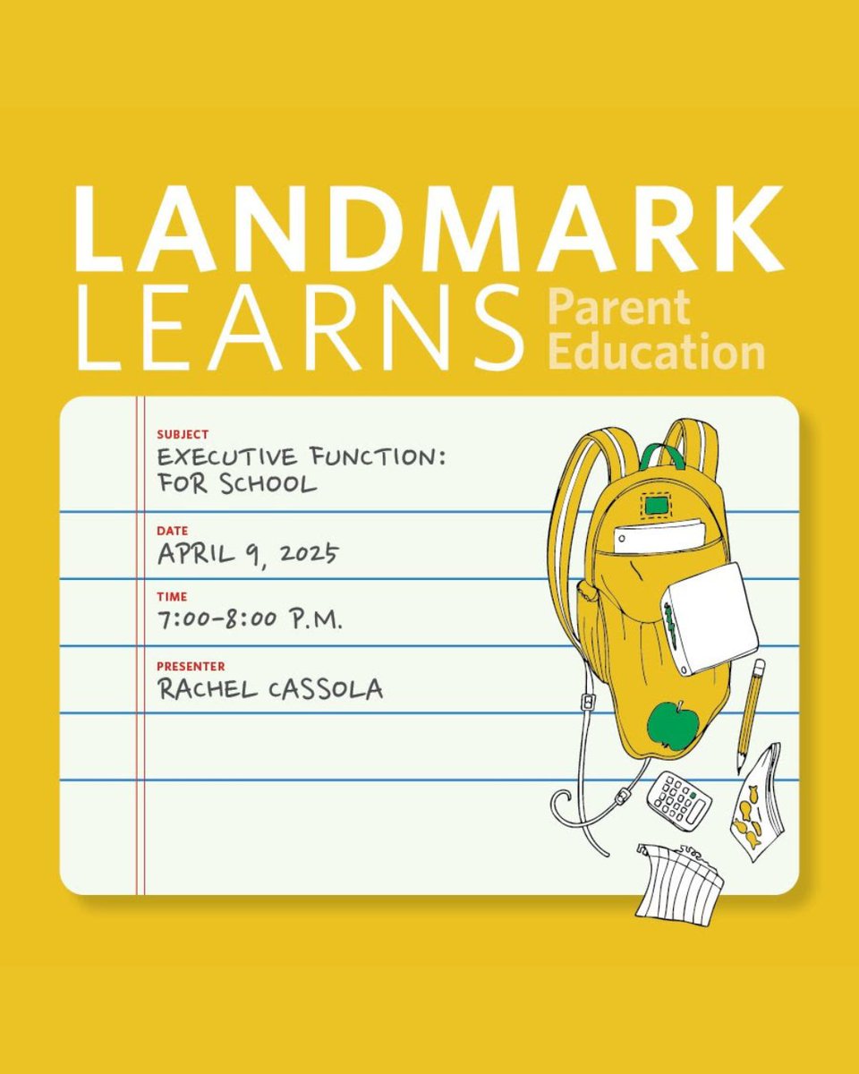 Another incredible Landmark Learns educational webinar is happening THIS WEEK👇

Executive Function: At School
Wednesday, April 9, 2025, at 7:00 p.m. EST

Learn more and register here: landmarkschool.org/our-school/lan… #LandmarkSchool #EF #ExecutiveFunction #FreeWebinar #Education