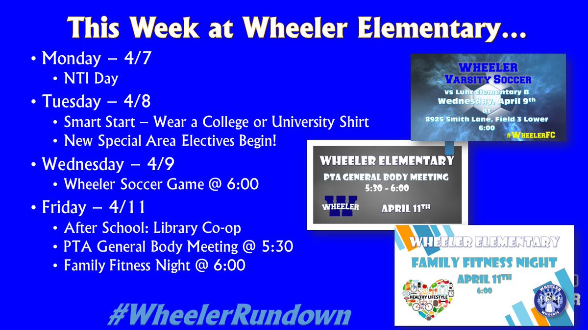 🌟 NTI Day tomorrow, but then we have a fantastic week ahead at Wheeler! Join us for our first soccer game, the PTA general body assembly, and Family Fitness Night! 🏃‍♀️⚽️We hope to see you there! #WheelerRundown