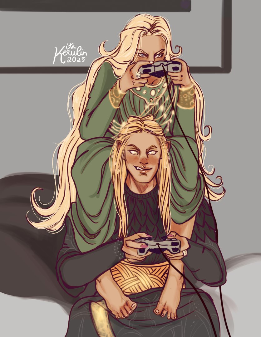 KithKerulin's tweet image. Tem uma foto da Morfydd e do Charlie jogando video game. Fiz uma outra versão disso, com seus personagens 🤭
#Annatar #Sauron #Galadriel #RingsofPower #AneisdePoder