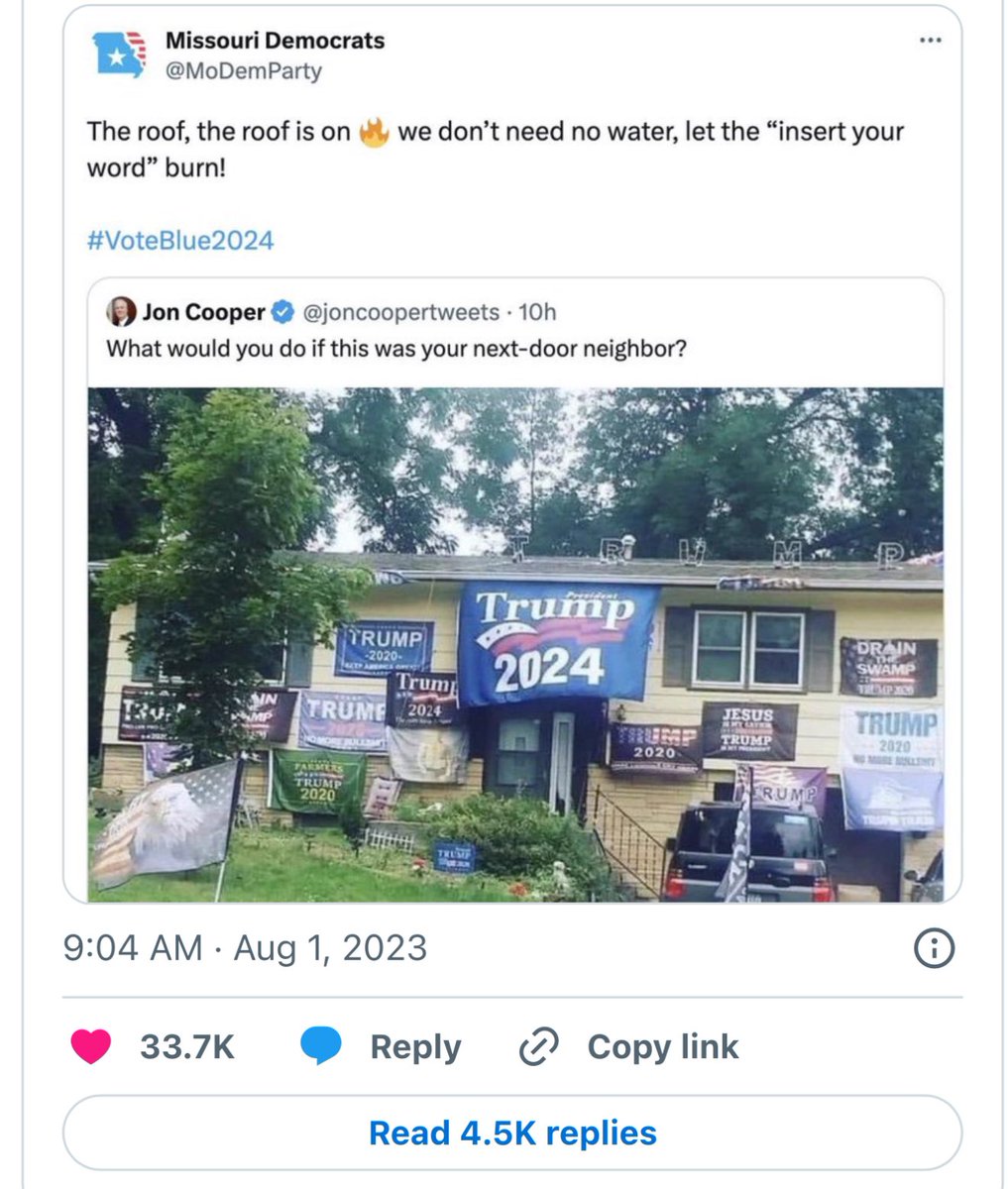 No satire, this is the real account for the Democrats of Missouri. Don’t forget the same account called for the arson of Conservative homes. Pretty sad.