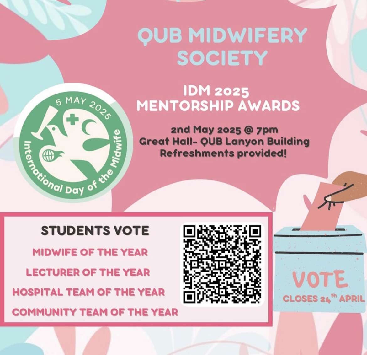 Our upcoming IDM awards are sure to be a great night as always! If you think that one of the teams/midwives/students you have worked with deserves to be recognised, Please follow the QR code to vote! Link in bio to vote!!