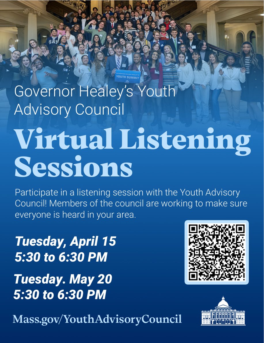 Tom Stanley (@repstanley) on Twitter photo SAVE THE DATES!
<a href="/MassGovernor/">Governor Maura Healey</a> Youth Advisory Council is hold two listening sessions (virtual) this spring to discuss concerns, challenges, and opportunities youth face across the Commonwealth:
ā
Session #1 - Tuesday 4/15 at 5:30pm
ā
Session #2 - Tuesday 5/20 at 5:30pm
Your SAVE THE DATES!
<a href="/MassGovernor/">Governor Maura Healey</a> Youth Advisory Council is hold two listening sessions (virtual) this spring to discuss concerns, challenges, and opportunities youth face across the Commonwealth:
ā
Session #1 - Tuesday 4/15 at 5:30pm
ā
Session #2 - Tuesday 5/20 at 5:30pm
Your