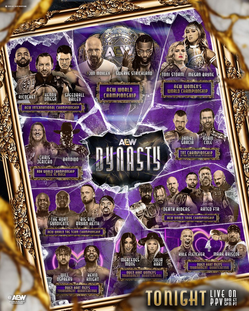 RefTurnerAEW's tweet image. #AEWDynasty is LIVE on PPV at 8ET / 5PT TONIGHT!
Zero Hour begins at 6:30ET / 3:30PT
Available on all Cable &amp;amp; Satellite providers
Prime Video, YouTube, TrillerTV, PPV dot com