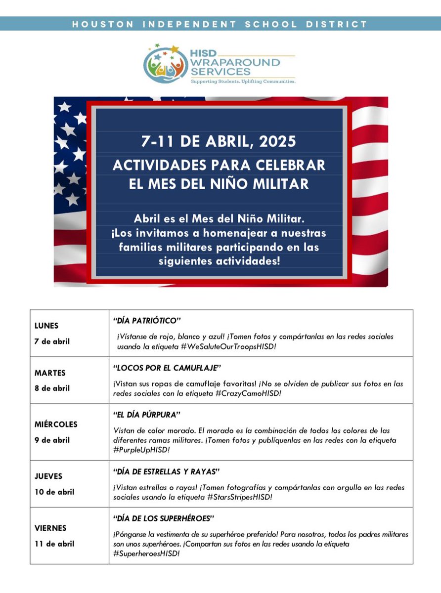 HISD is celebrating Month of the Military Child this week. Please see the flyer for dress days.