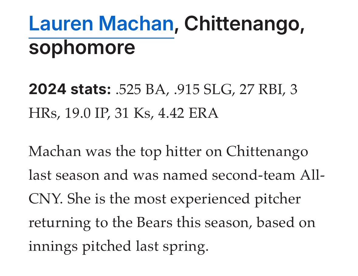 Lauren Machan 2027 (@laurenmachan27) on Twitter photo Thank you <a href="/cnyhssports/">CNY High School Sports</a> for the recognization!! I’m so grateful to be included on this list full of very talented and hardworking players! <a href="/syracusedotcom/">syracuse.com</a> <a href="/TeamPaAugustus/">Team PA Augustus</a> <a href="/teampafastpitch/">Team Pennsylvania Fastpitch</a> Thank you <a href="/cnyhssports/">CNY High School Sports</a> for the recognization!! I’m so grateful to be included on this list full of very talented and hardworking players! <a href="/syracusedotcom/">syracuse.com</a> <a href="/TeamPaAugustus/">Team PA Augustus</a> <a href="/teampafastpitch/">Team Pennsylvania Fastpitch</a>