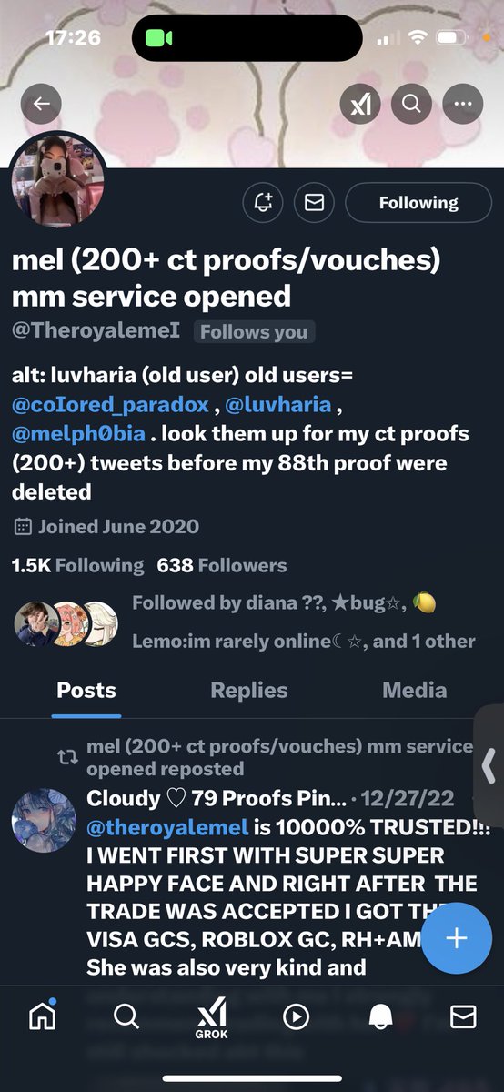 Idk who this is but it says I follow them so it’s obv someone I’ve known in the past. I spent YEARS building my reputation, gaining people’s trust, etc. Idk this person’s intentions w MY PROOFS &amp; IDENTITY but note the differences in the username and be aware that IT IS NOT ME. ⚠️