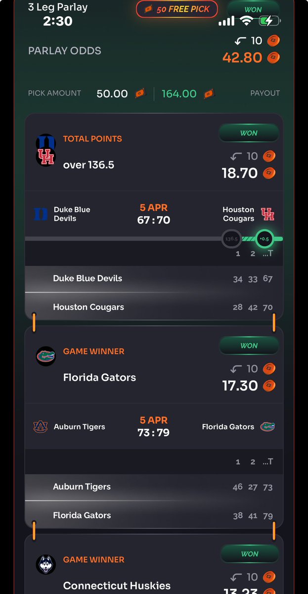 Thanks <a href="/rebet/">Angry man</a>  🙌 Finally something I don’t have to complain about 🤣🤣 Even though a deposit match would be way less stressful 😬 #UConn #Duke #Auburn #Houston #Florida #RebetFreeBet
