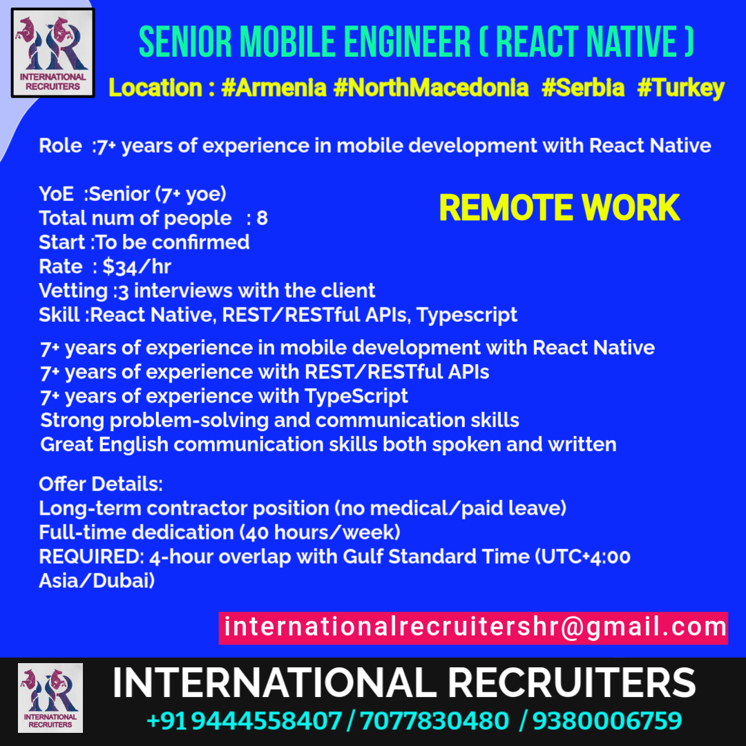 IntRecruiters's tweet image. #remotejobs #macedonia  #jobsinarmenia #jobsinturkey  #jobsinserbia #jobsinmacedonia #RemotejobsinArmenia  #remotejobsinmacedonia #remotejobsinserbia #remotejobsinturkey  #InternationalRecruitersChennai #internaciarekruto #reactnative  #restfulapis , #typescript   #virałpost