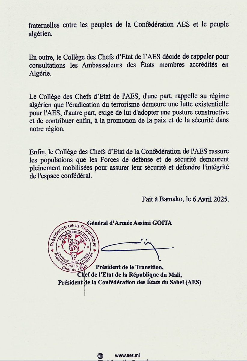Suite à l’acte d’agression perpétré par le régime algérien en soutien aux groupes terroristes opérant dans l’espace confédéral AES, le Burkina Faso, le Mali et le Niger rappellent leurs ambassadeurs accrédités en Algérie en consultation.