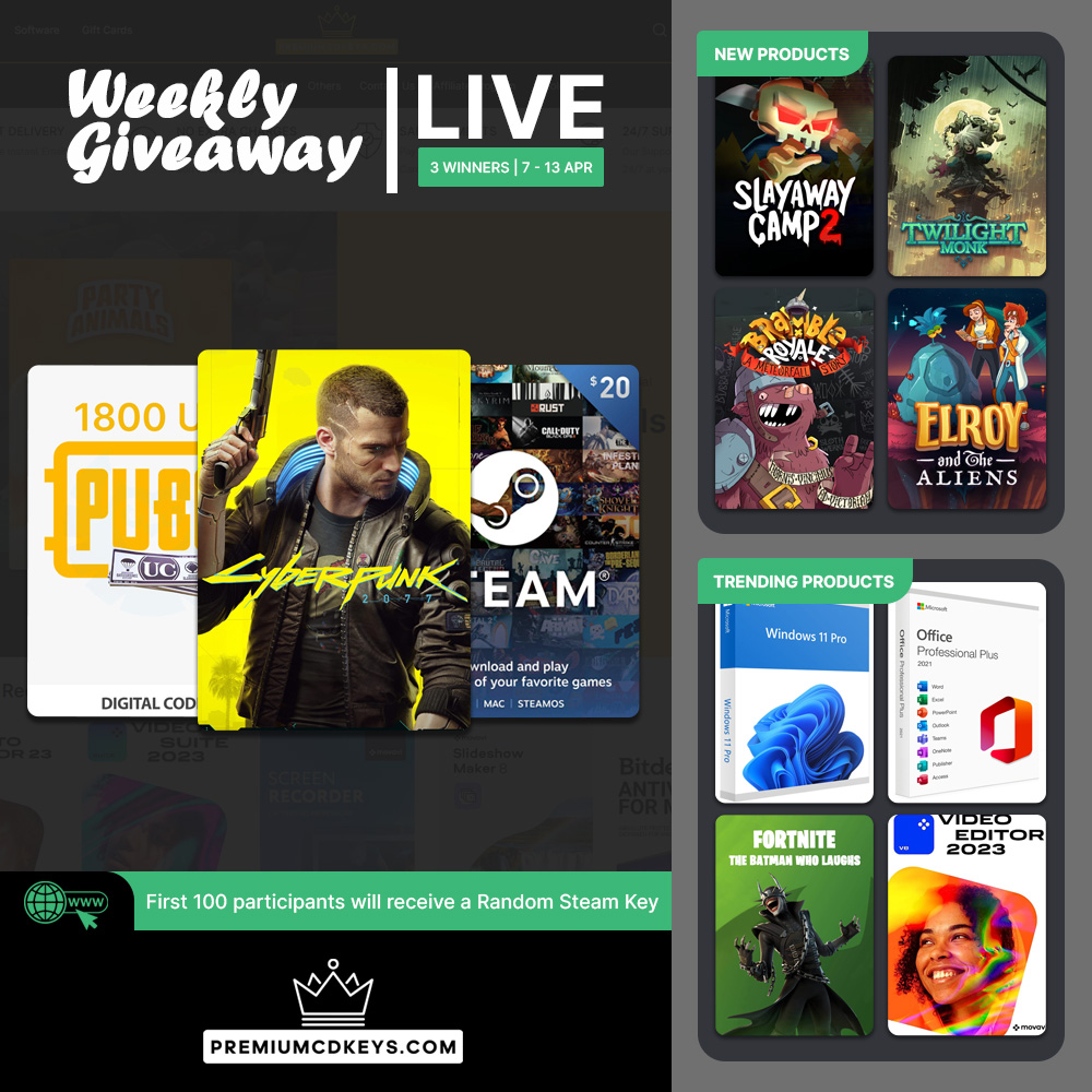 Our Weekly #Giveaway is Live!

Participate for a chance to win Cyberpunk 2077 GOG Game, #Steam $20 USD Gift Card and #PUBG Mobile 1800 UC Gift Card.

To participate visit: premiumcdkeys.com/pages/weekly-g…

#Contest ends on 13 April 2025, 3 Winners will be selected randomly! #Giveaways
