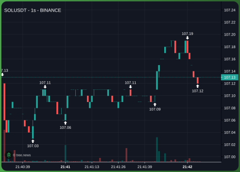 metaversejoji's tweet photo. SOL looks great here in the one second chart, nice bounce from $107.03 to $107.13! https://t.co/zjSbGTngmb