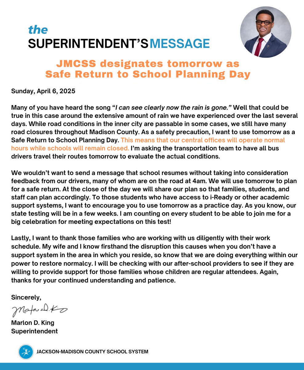 🚨 🚨 Schools are closed tomorrow, but our central office will operate under normal business hours to ensure a Safe Return to School plan. Your safety is our priority! Stay tuned.