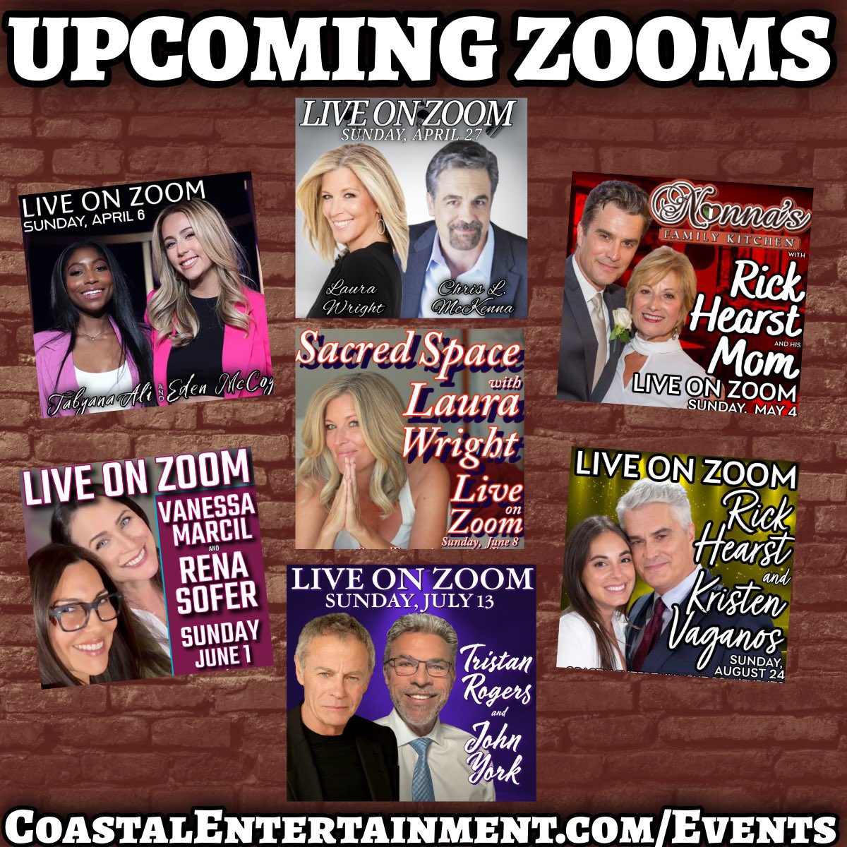 Linda Rohe (@coastalent1) on Twitter photo Great #Zoom events coming up including one in less than 2 hours with <a href="/iamaliford/">Tabyana Ali🌺🌙</a> <a href="/RealEdenMccoy/">Eden McCoy</a> and later this month <a href="/lldubs/">Laura Wright</a> <a href="/ChrisLMcKenna/">Chris L. McKenna</a> - lots of good stuff! Coming up <a href="/rickhearst/">Rick Hearst(aka Rick Herbst)</a> <a href="/VanessaMarcilM/">🌫Vanessa Marcil</a> <a href="/JohnJYork/">John J York</a> and more fun thru the summer!
CoastalEntertainment.com/Events Great #Zoom events coming up including one in less than 2 hours with <a href="/iamaliford/">Tabyana Ali🌺🌙</a> <a href="/RealEdenMccoy/">Eden McCoy</a> and later this month <a href="/lldubs/">Laura Wright</a> <a href="/ChrisLMcKenna/">Chris L. McKenna</a> - lots of good stuff! Coming up <a href="/rickhearst/">Rick Hearst(aka Rick Herbst)</a> <a href="/VanessaMarcilM/">🌫Vanessa Marcil</a> <a href="/JohnJYork/">John J York</a> and more fun thru the summer!
CoastalEntertainment.com/Events