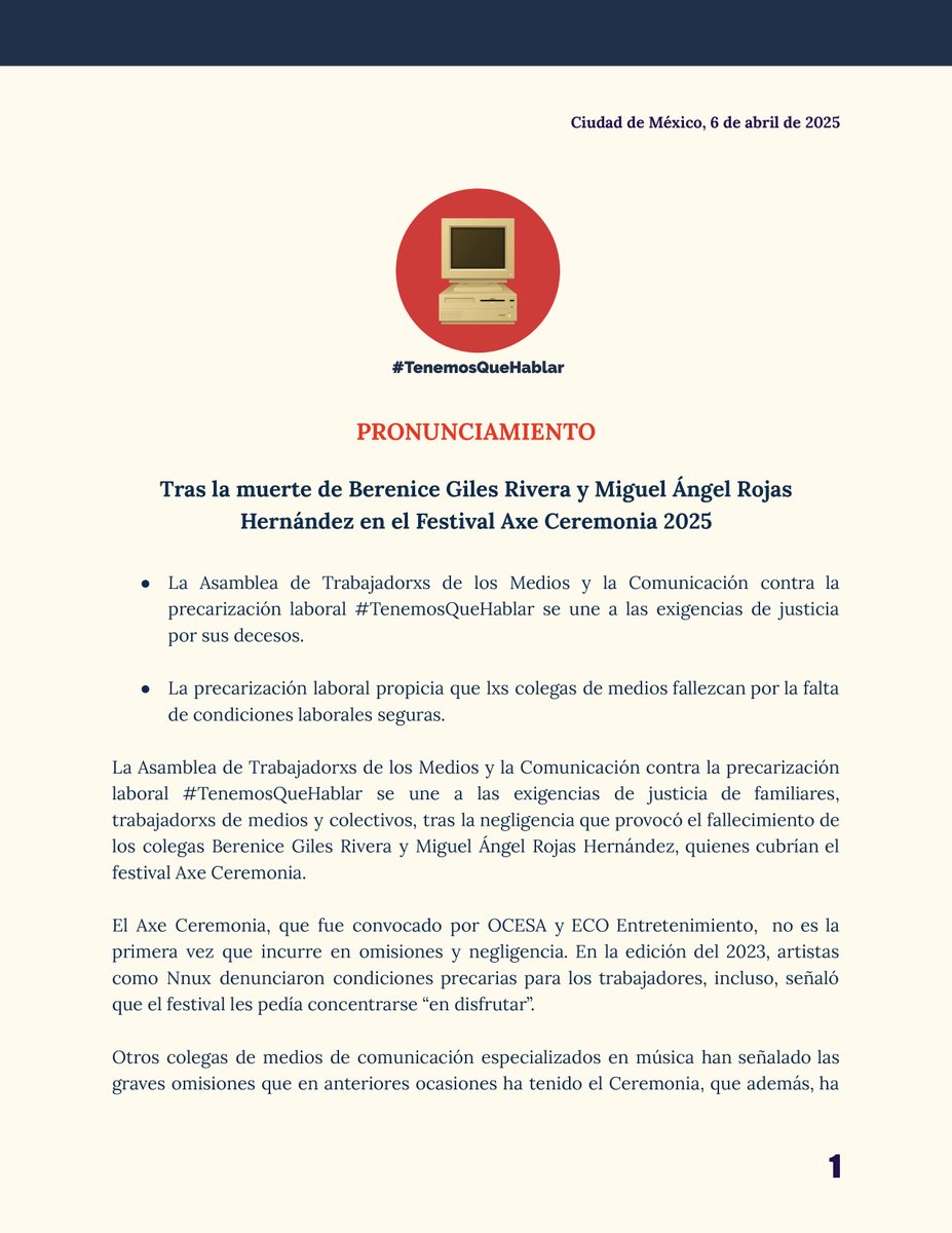 Tenemos Que Hablar Asamblea (@asamblea_tqh) on Twitter photo Pronunciamiento tras la muerte de Miguel y Bere en el <a href="/AXECeremonia/">AXE Ceremonia</a>
El Axe Ceremonia, que fue convocado por OCESA y ECO Entretenimiento, no es la primera vez que incurre en omisiones y negligencia. En la edición del 2023, artistas como Nnux denunciaron condiciones precarias Pronunciamiento tras la muerte de Miguel y Bere en el <a href="/AXECeremonia/">AXE Ceremonia</a>
El Axe Ceremonia, que fue convocado por OCESA y ECO Entretenimiento, no es la primera vez que incurre en omisiones y negligencia. En la edición del 2023, artistas como Nnux denunciaron condiciones precarias