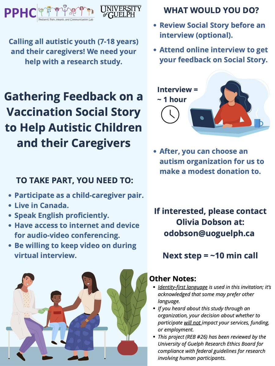 Olivia Dobson (@oliviakdobson) on Twitter photo Inviting #autistic youth and their caregivers to give us feedback on our #vaccination #SocialStory - Please feel free to share this flyer and email me: odobson@uoguelph.ca if interested!
<a href="/journalautism/">Autism Journal</a> <a href="/KidsBrainHealth/">Kids Brain Health Network</a> <a href="/autselfadvocacy/">Autistic Self Advocacy Network</a> Inviting #autistic youth and their caregivers to give us feedback on our #vaccination #SocialStory - Please feel free to share this flyer and email me: odobson@uoguelph.ca if interested!
<a href="/journalautism/">Autism Journal</a> <a href="/KidsBrainHealth/">Kids Brain Health Network</a> <a href="/autselfadvocacy/">Autistic Self Advocacy Network</a>