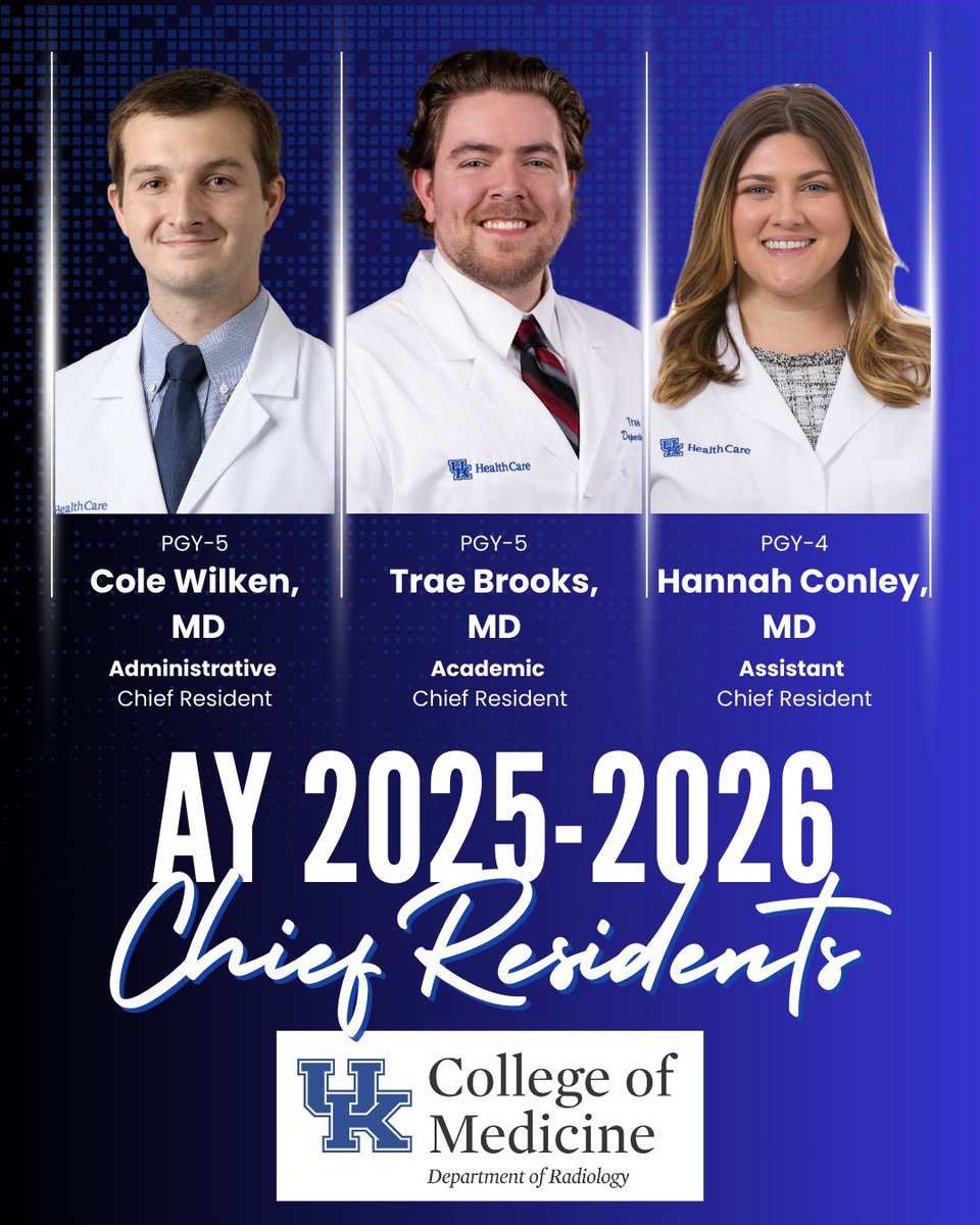 Meet the incoming Diagnostic Radiology Chief Residents:

Administrative Chief Resident: Dr. Cole Wilken
Academic Chief Resident: Dr. Trae Brooks
Assistant Chief Resident: Dr. Hannah Conley

&amp; THANK YOU Dillon &amp; Tarek for your leadership &amp; hard work this past year!