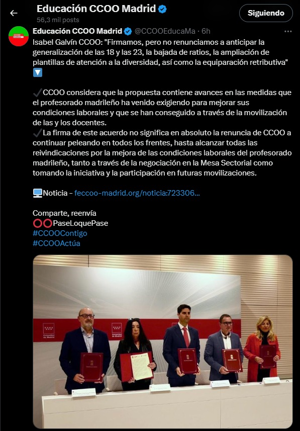 Es tan vergonzoso que ya sólo puede provocar la risa.  Frase de tiktok: "Escuchamos pero no no juzgamos" Frase de CCOO: "Firmamos pero no renunciamos" 
Un insulto a los afiliados y a los profesores. Yo ya me he largado de en lo que habéis convertido a las Comisiones Obreras.