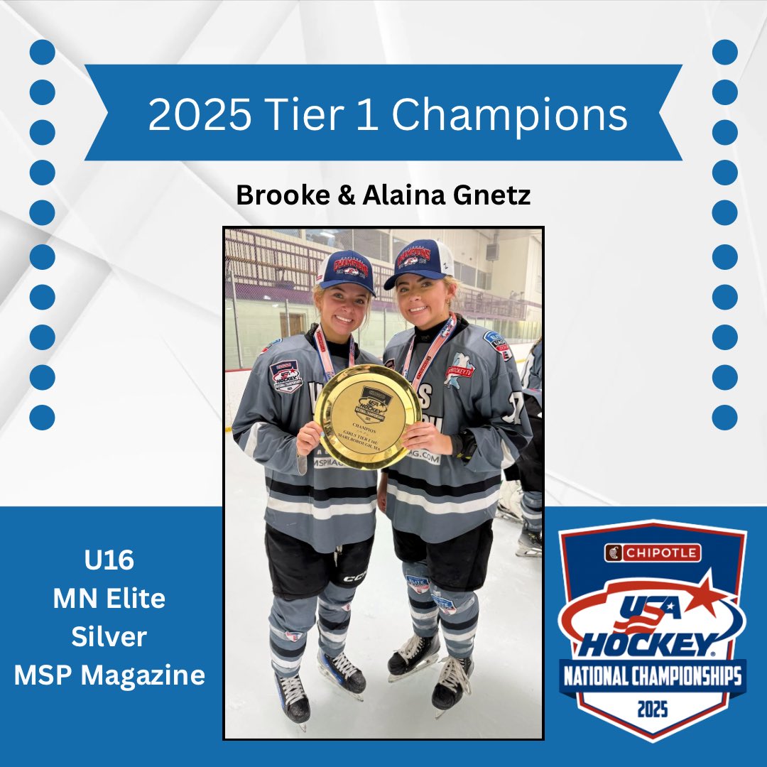 Congrats to Woodbury Royals Brooke and Laini Gnetz and the MN Elite Silver team for winning the U16 USA Hockey Tier 1 National Tournament.