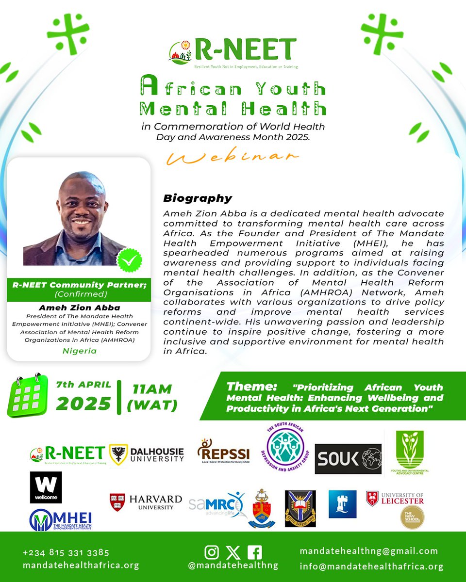 Hi there, 
You are invited to a Zoom meeting. 
When: Apr 7, 2025 11:00 AM West Central Africa <a href="/UnitedGMH/">United for Global Mental Health</a>
<a href="/Resilient_NEETs/">R-NEET</a>
Register for this meeting:
us06web.zoom.us/meeting/regist… 
After registering, you will receive a confirmation email containing information about joining the meeting