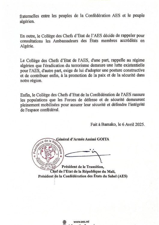 Les juntes militaires du #Mali, du #Niger et du #BurkinaFaso retirent leurs ambassadeurs d'#Alger. Les trois pays du #SahelLeaks  protestent contre la destruction par l'armée de l'#Algérie, le 1er avril, d'un drone qui avait pénétré dans l'espace aérien algérien depuis le Mali.