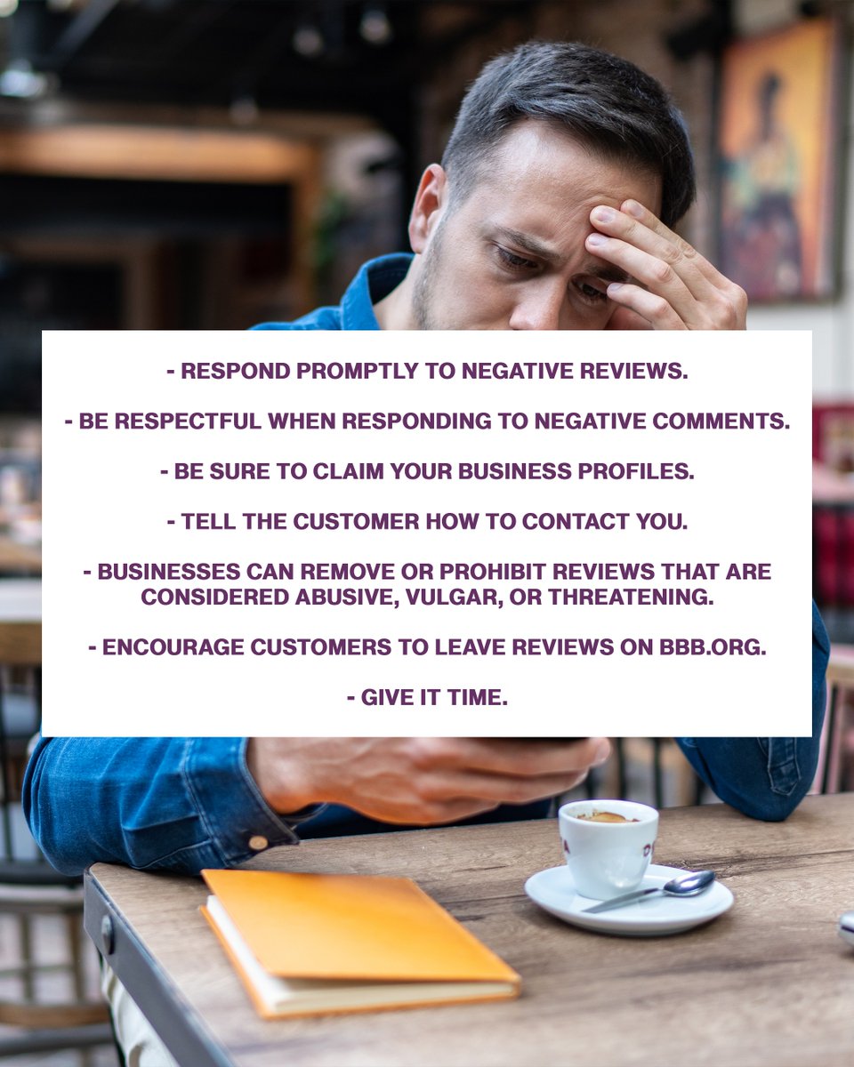 BBB_BC's tweet image. Ugh. You got a negative review for your business. Instead of stewing or clapping back, BBB has 7 tips to handle it like a pro.
Read more about it at: tinyurl.com/42f62pvk
#NegativeReview #BBBTips #ProTips #BBB