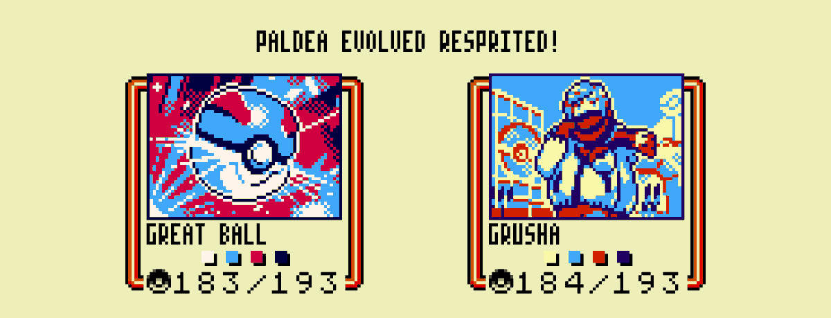 DoveTortle's tweet image. Pokemon Gameboy TCG Paldea Evolved, Great Ball and Grusha!
#PokemonTCG #Pokemon #sprites #GBC #pixelart