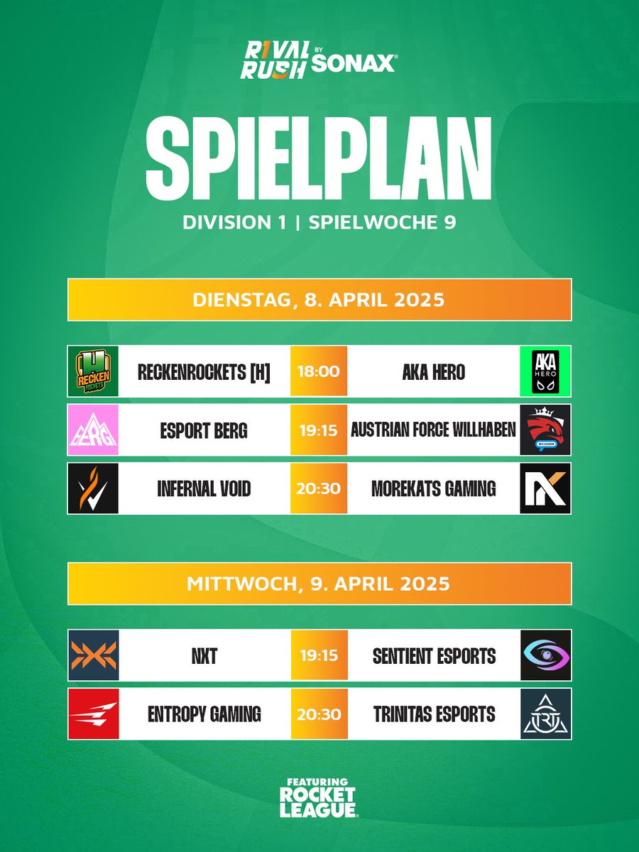 Rival Rush (@rivalrushrl) on Twitter photo die letzte Spielwoche der Ligaphase 😥
Dienstag, 8. April
<a href="/reckenrockets_h/">DIE RECKEN</a> vs <a href="/AKAHEROESPORT/">AKA HERO</a>
<a href="/esportBERG/">BERG</a> vs <a href="/AustrianForce/">Austrian Force willhaben</a> #willhaben
<a href="/InfernalVoid_IV/">Infernal Void</a> vs <a href="/Morekats/">Morekats Gaming</a>
Mittwoch, 9. April
<a href="/GONXTGG/">NXT</a> vs <a href="/SentientEsport/">Sentient Esports</a>
<a href="/EntropyGaming/">Entropy</a> vs <a href="/TrinitasEsports/">Trinitas Esports</a>
#feeltherush die letzte Spielwoche der Ligaphase 😥
Dienstag, 8. April
<a href="/reckenrockets_h/">DIE RECKEN</a> vs <a href="/AKAHEROESPORT/">AKA HERO</a>
<a href="/esportBERG/">BERG</a> vs <a href="/AustrianForce/">Austrian Force willhaben</a> #willhaben
<a href="/InfernalVoid_IV/">Infernal Void</a> vs <a href="/Morekats/">Morekats Gaming</a>
Mittwoch, 9. April
<a href="/GONXTGG/">NXT</a> vs <a href="/SentientEsport/">Sentient Esports</a>
<a href="/EntropyGaming/">Entropy</a> vs <a href="/TrinitasEsports/">Trinitas Esports</a>
#feeltherush