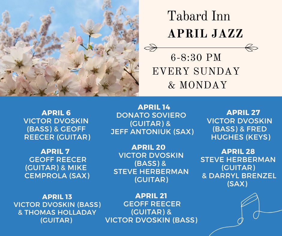 Our April jazz schedule is up! Come on in for live jazz in our lounge every Sunday and Monday from 6-8:30pm unless otherwise noted.

🍸Our Jazz nights are free for those enjoying a drink, food or dessert!

#dc #dcjazz #dcmusic #washingtondc #dupontcircle #dupontcircledc #dcmusic