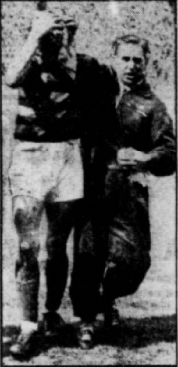 Steve McIlwraith is taken off the field for treatment for a head knock. He returned to the pitch after