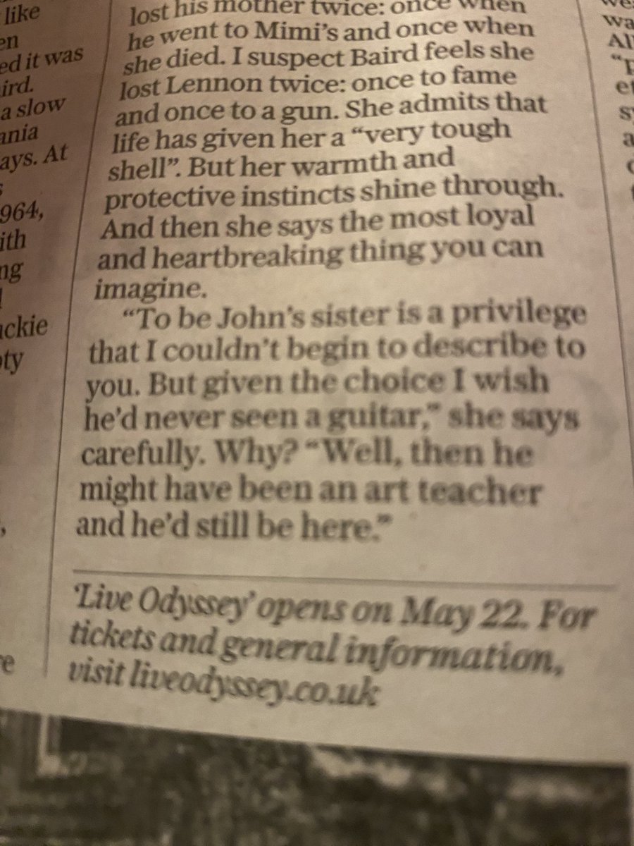 An extraordinary and understandable quote from Julia Baird, John Lennon’s half-sister, in a fascinating interview by <a href="/JamesFHall/">James Hall</a> in today’s Sunday <a href="/Telegraph/">The Telegraph</a>.