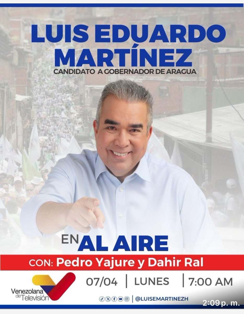 Luisemartinezh's tweet photo. ¡Feliz domingo y lo mejor para todas las familias venezolanas!

Mañana Lunes #7Abril me entrevistan a las 7 am  @RALDAHIR y @pedrojyajure por @VTVcanal8 y a las 5 pm en @argumentos_gv por @globovision. invito a vernos.

#6Abril https://t.co/SHRgskuRBn