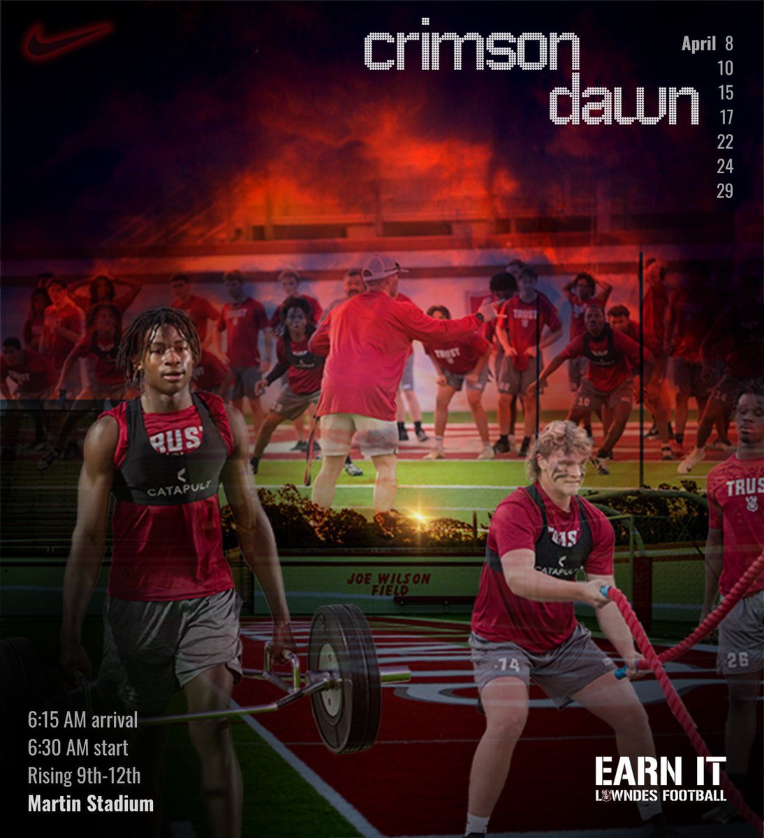 Crimson Dawn ⚡️ Tuesday Morning arrive/drop-off at 6:15AM @ The Palace || Rising 9 - 12th
Whistle blows 6:30am

*Rising 9th grade will be bused to their middle school afterwards

#COMPETE
#EARNit