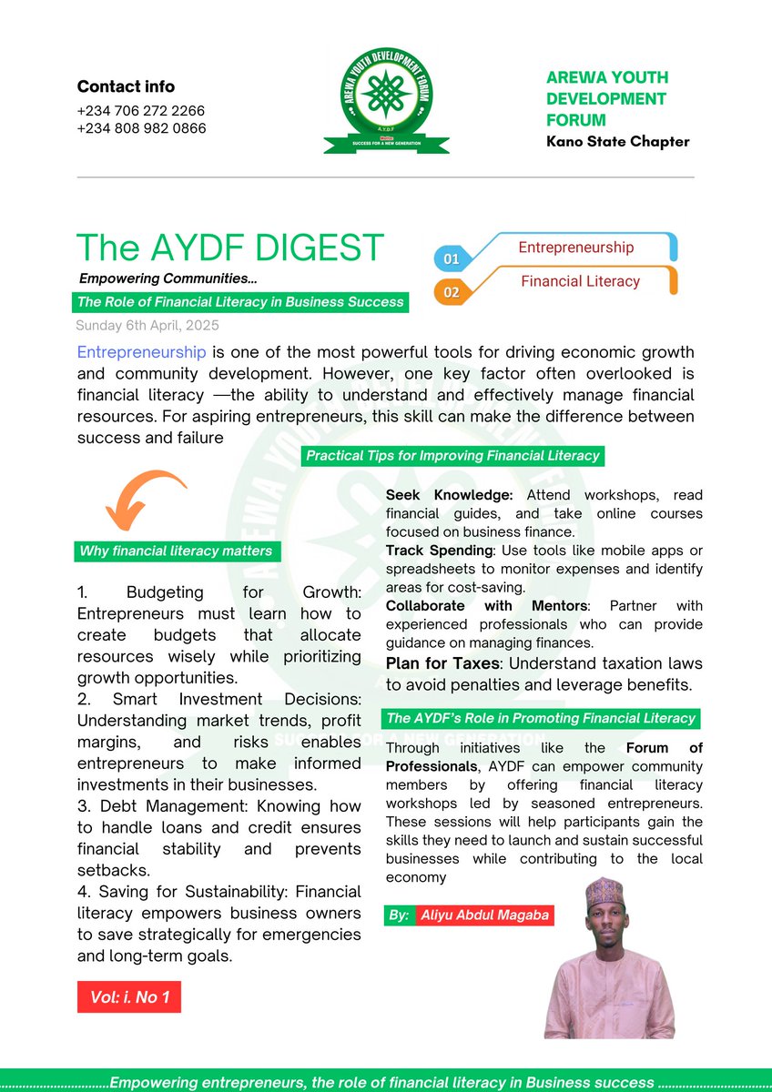 I'm happy to announce that my article has been featured in The AYDF Digest , where we explore the power of Empowering Entrepreneurs through financial literacy and innovative strategies.  

Contributing to this publication has been an incredibly fulfilling experience, 
#AYDFDigest