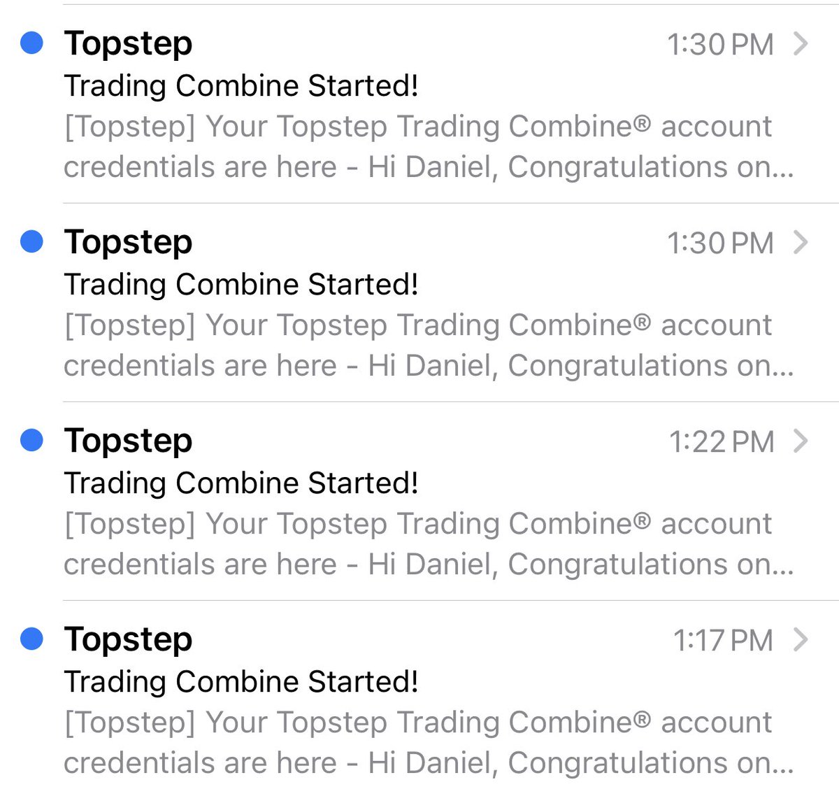 Also picked up 4 <a href="/Topstep/">Topstep</a> 150k combines today. 

This week I’ll take my 3rd $5k payout, and then shift my focus to passing these. After passing I’ll catch them up to my current XFA before taking another payout. 

This will help with my goal of reaching live status with as close
