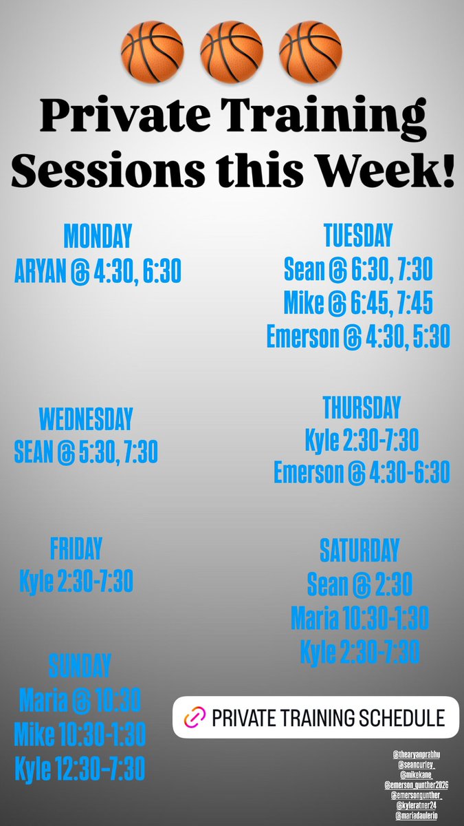 Below are our Private Training Openings for this week!

🏀 🏀 🏀 

FULL TRAINING SCHEDULE:
docs.google.com/spreadsheets/d…