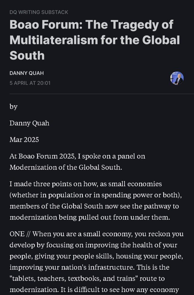 The tragedy of multilateralism is that international organizations eventually break down if goodwill alone (or exhortation) is what is expected to hold them together. This is also why the Global South should not look to the Middle Powers to lead.

open.substack.com/pub/dannyquah/…