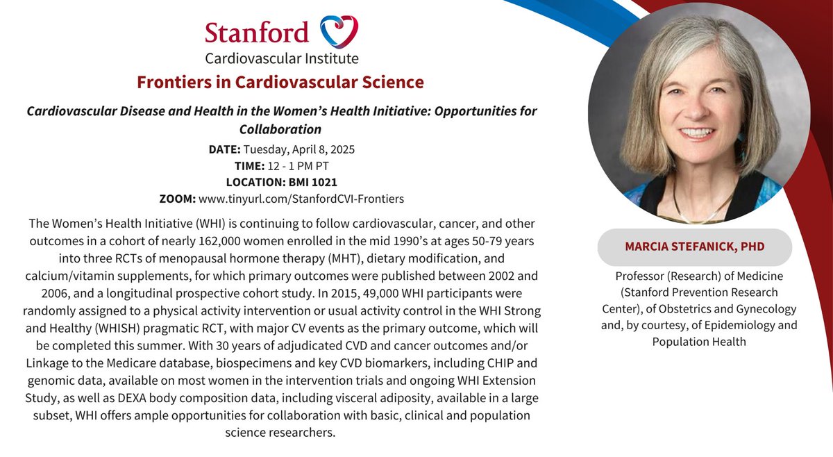 Joseph C Wu, MD, PhD (@joseph_c_wu) on Twitter photo Please join <a href="/StanfordCVI/">Stanford CVI</a> seminar Tue 4/9 @ 12pm PST by Dr. Marcia Stefanick <a href="/StanfordDeptMed/">Stanford Department of Medicine</a> <a href="/StanfordOBGYN/">OB/GYN @ Stanford</a> speak on #CardiovascularDisease and #WomenHealth
stanford.zoom.us/webinar/registā¦
<a href="/Stanford_ChEMH/">Sarafan ChEM-H</a> <a href="/SeanM_Wu/">Sean M Wu, MD PhD</a> <a href="/BCVSearlyCareer/">Basic Cardiovascular Sciences (BCVS) Early Career</a> <a href="/ATVBEarlyCareer/">ATVB Early Career Committee</a> <a href="/vascularbiology/">NAVBO</a> <a href="/StanfordEpiNews/">Stanford Epidemiology & Population Health</a> Please join <a href="/StanfordCVI/">Stanford CVI</a> seminar Tue 4/9 @ 12pm PST by Dr. Marcia Stefanick <a href="/StanfordDeptMed/">Stanford Department of Medicine</a> <a href="/StanfordOBGYN/">OB/GYN @ Stanford</a> speak on #CardiovascularDisease and #WomenHealth
stanford.zoom.us/webinar/registā¦
<a href="/Stanford_ChEMH/">Sarafan ChEM-H</a> <a href="/SeanM_Wu/">Sean M Wu, MD PhD</a> <a href="/BCVSearlyCareer/">Basic Cardiovascular Sciences (BCVS) Early Career</a> <a href="/ATVBEarlyCareer/">ATVB Early Career Committee</a> <a href="/vascularbiology/">NAVBO</a> <a href="/StanfordEpiNews/">Stanford Epidemiology & Population Health</a>