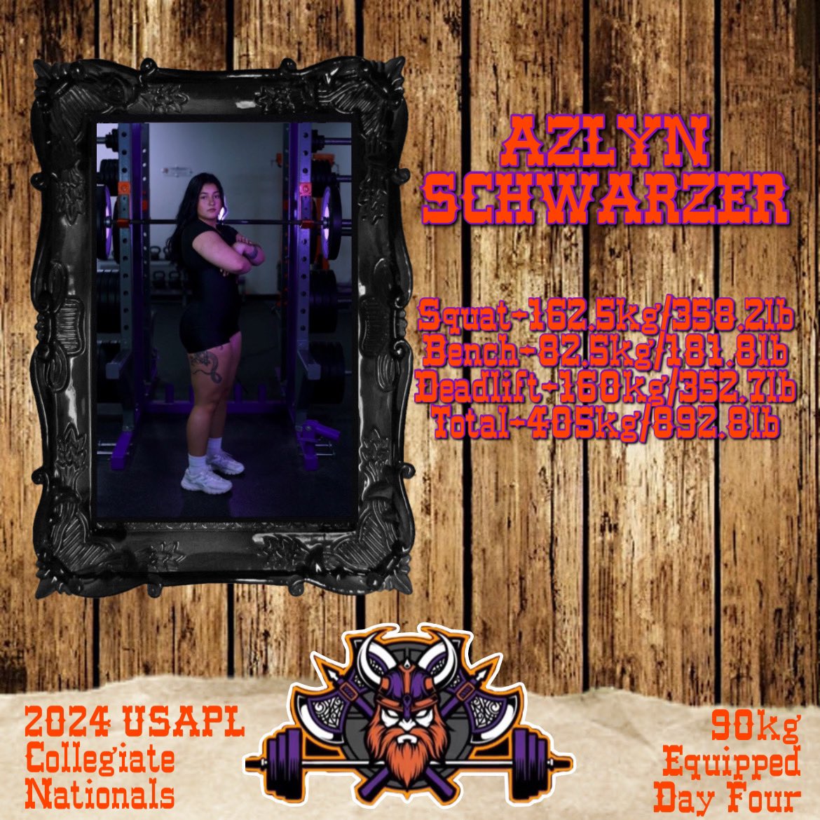 Freshman Azlyn Schwarzer ends her second trip to OKC with a 405 kg total!💜🧡