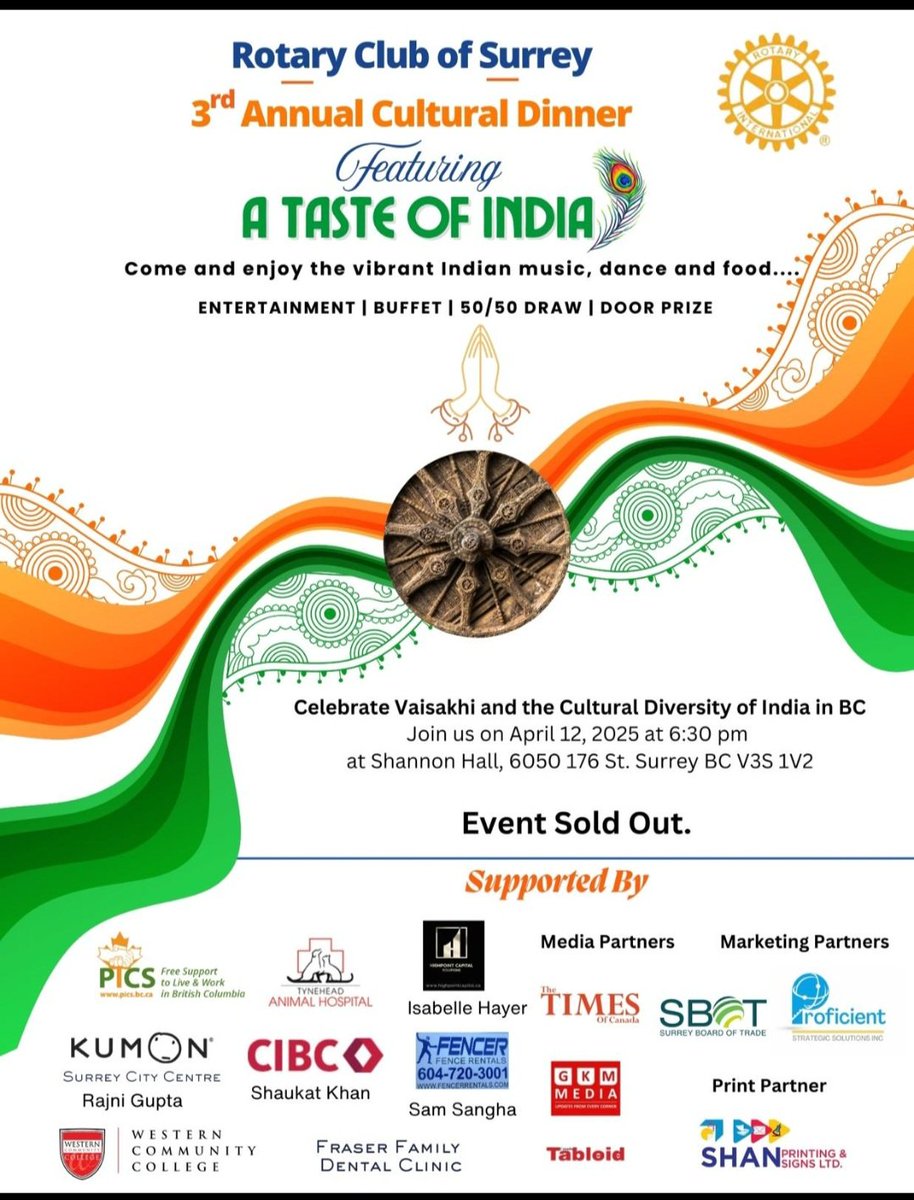 Rotary Club of Surrey's 3rd Annual Cultural Dinner -  A Taste of India is Sold out. Thank you to everyone who supported &amp; purchased tickets, Tables or Sponsored or helped with getting sponsorships.

lnkd.in/gQsnmCwM

Isabelle Martinez Hayer  
Rotary Club of Surrey