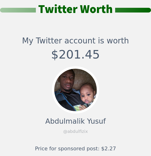 abdulfizix's tweet photo. My Twitter worth is: $201.45

➡️ https://t.co/zq92hHx7vA https://t.co/jYmE27Onfu