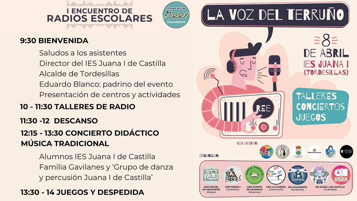 🔝 ¿Qué va a ocurrir el martes 8 de abril? 🔝 I ENCUENTRO INTERCENTROS PROVINCIAL de Radios Escolares Comarca de Tordesillas 'LA VOZ DEL TERRUÑO'

Aquí os dejamos el PROGRAMA de actividades del día.

<a href="/RadioEscolarVLL/">RedRadiosEscolaresValladolid</a> <a href="/cfievalladolid/">CFIE VALLADOLID</a> <a href="/IESJuanaITorde/">IESJuanaITordesillas</a> <a href="/IESAlejandria/">IES Alejandría</a> <a href="/COLEGIOPEDROI/">CEIP PEDRO I</a>