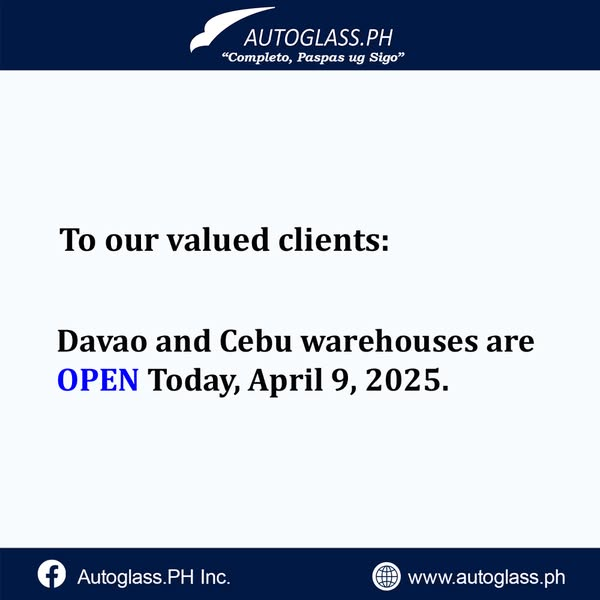 PhAutoglass's tweet photo. Pahibalo!!

Ani ang lista sa atong mga 𝐎𝐏𝐄𝐍 &amp; 𝐂𝐋𝐎𝐒𝐄𝐃 nga mga bodega karon, Abril 9, 2025 (Araw ng Kagitingan).
Tan-awa ang status sa pinakaduol nga sanga ug planuha ang imong pagbisita sumala niini.

“Completo,Paspas ug Sigo” https://t.co/vQXrFzXR33
