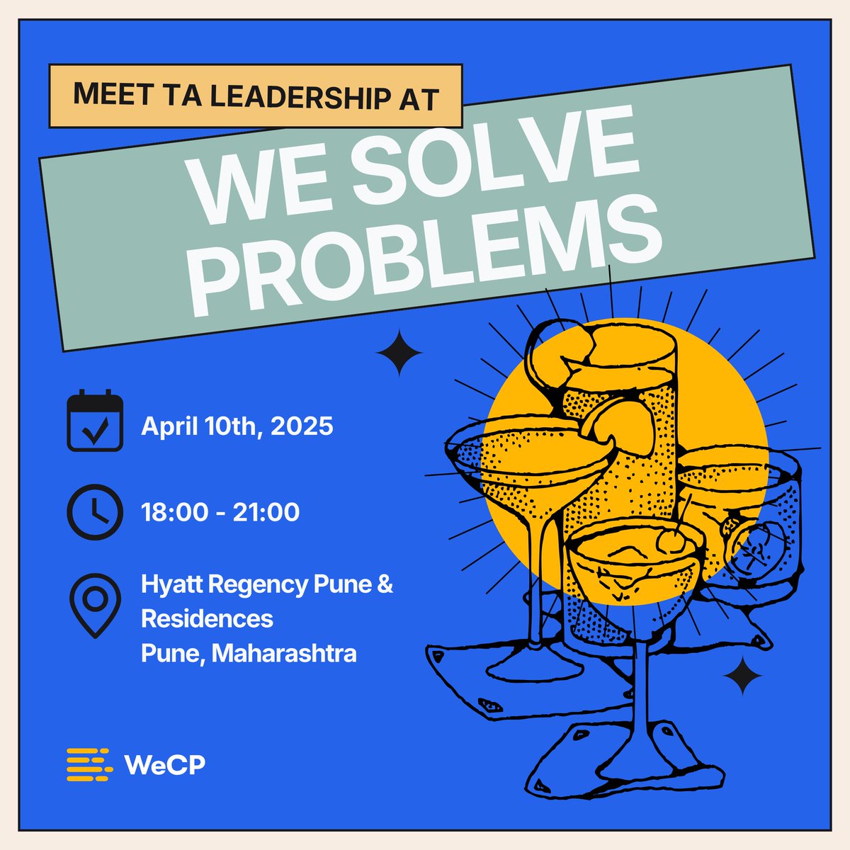 wcreateproblems's tweet image. S: 01 Ep: 03

And we&apos;re set in Pune! 🎉

✨ Starring Industry leaders from TA across businesses

Meet team WeCP and Recruiting ADDA at the Hyatt Regency Pune &amp;amp; Residences. 
06:00 pm onwards on April 10th, 2025 📌

#WeSolveProblems #event