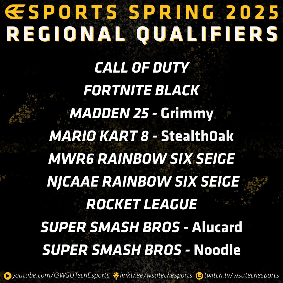 WSU Tech Esports (@wsutechesports) on Twitter photo ๐ฅ WSU Tech Esports is headed to the NJCAAE SPRING 2025 REGIONALS! ๐ฅ
๐ฎ Call of Duty
๐ฎ Fortnite
๐ฎ Madden 25 โ Grimmy
๐ฎ Mario Kart 8 โ StealthOak
๐ฎ MWR6 Rainbow Six Siege
๐ฎ NJCAAE Rainbow Six Siege
๐ฎ Rocket League
๐ฎ Super Smash Bros โ Alucard
๐ฎ Super Smash Bros โ Noodle ๐ฅ WSU Tech Esports is headed to the NJCAAE SPRING 2025 REGIONALS! ๐ฅ
๐ฎ Call of Duty
๐ฎ Fortnite
๐ฎ Madden 25 โ Grimmy
๐ฎ Mario Kart 8 โ StealthOak
๐ฎ MWR6 Rainbow Six Siege
๐ฎ NJCAAE Rainbow Six Siege
๐ฎ Rocket League
๐ฎ Super Smash Bros โ Alucard
๐ฎ Super Smash Bros โ Noodle