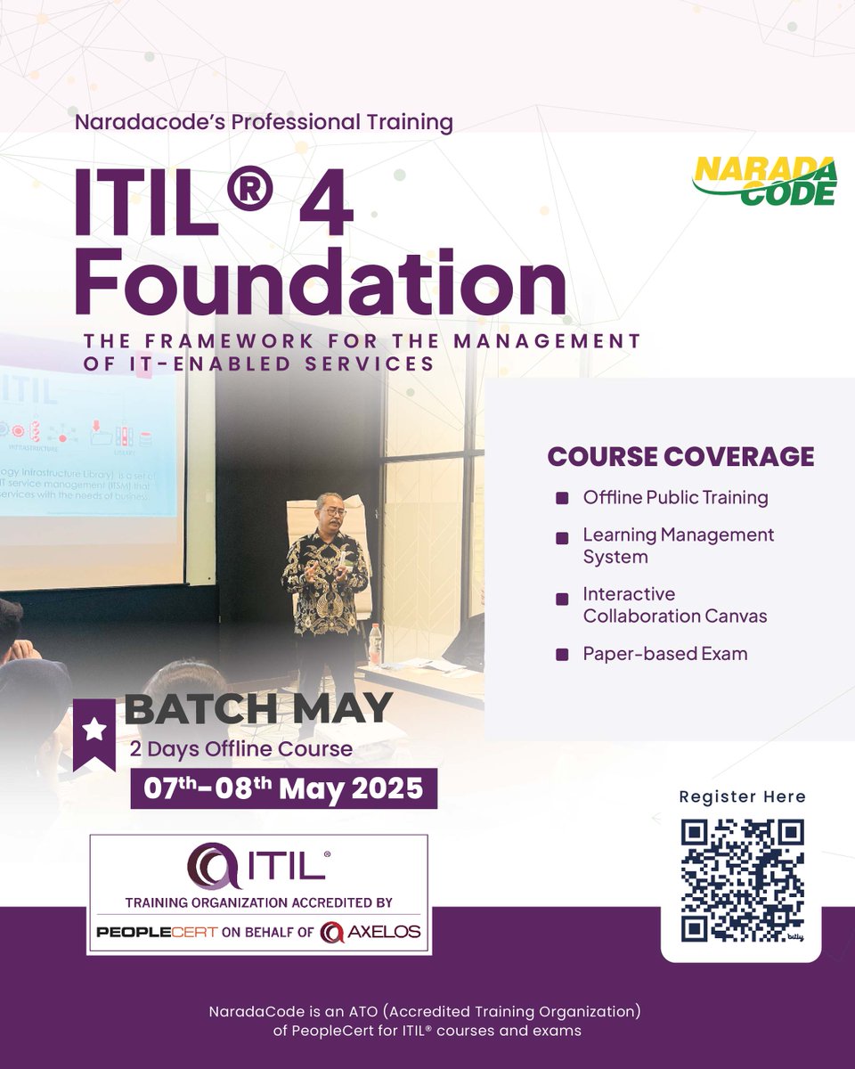 NaradaCode's tweet image. Halo rekan-rekan IT Professional!✨
We have a good news!
Public Training ITIL®️ 4 Foundation Batch May is Open for Registration! Training ini sudah termasuk Paper-based Exam, lho!

#naradacode #training #itilfoundation #itil4 #itilindonesia #trainingitil4foundation