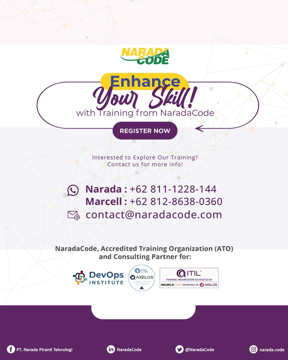 NaradaCode's tweet image. Halo rekan-rekan IT Professional!✨
We have a good news!
Public Training ITIL®️ 4 Foundation Batch May is Open for Registration! Training ini sudah termasuk Paper-based Exam, lho!

#naradacode #training #itilfoundation #itil4 #itilindonesia #trainingitil4foundation