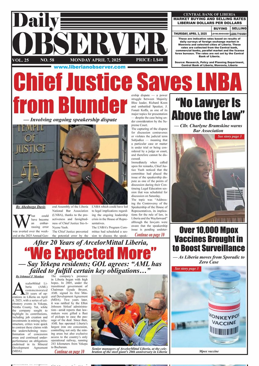 Liberianobserver.com (@libobserver) on Twitter photo #Liberia #Headlines April 7, 2025 #Mpox <a href="/ArcelorMittal/">ArcelorMittal</a> <a href="/NPHIL6/">National Public Health Institute of Liberia</a> #Liberia #Headlines April 7, 2025 #Mpox <a href="/ArcelorMittal/">ArcelorMittal</a> <a href="/NPHIL6/">National Public Health Institute of Liberia</a>