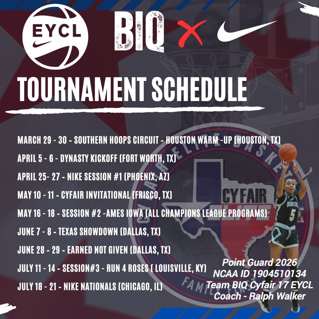 Fre Vowels (@frevowels) on Twitter photo Here is my schedule for my last AAU season! Let’s get to it! 💪🏽🔥
<a href="/TheYemnasium/">Yemnasium Training</a> <a href="/BIQEliteBball/">BIQ Elite Basketball</a> <a href="/cyfaireliteDTX/">Nike CyFair Elite Dallas</a> <a href="/the_CoachWalker/">The_CoachWalker</a> <a href="/BSublet/">BSUB</a> <a href="/HarvardWBB/">Harvard Women's Basketball</a> <a href="/PennWBB/">Penn Women's Basketball</a> <a href="/CalWBBall/">Cal Basketball</a> Here is my schedule for my last AAU season! Let’s get to it! 💪🏽🔥
<a href="/TheYemnasium/">Yemnasium Training</a> <a href="/BIQEliteBball/">BIQ Elite Basketball</a> <a href="/cyfaireliteDTX/">Nike CyFair Elite Dallas</a> <a href="/the_CoachWalker/">The_CoachWalker</a> <a href="/BSublet/">BSUB</a> <a href="/HarvardWBB/">Harvard Women's Basketball</a> <a href="/PennWBB/">Penn Women's Basketball</a> <a href="/CalWBBall/">Cal Basketball</a>