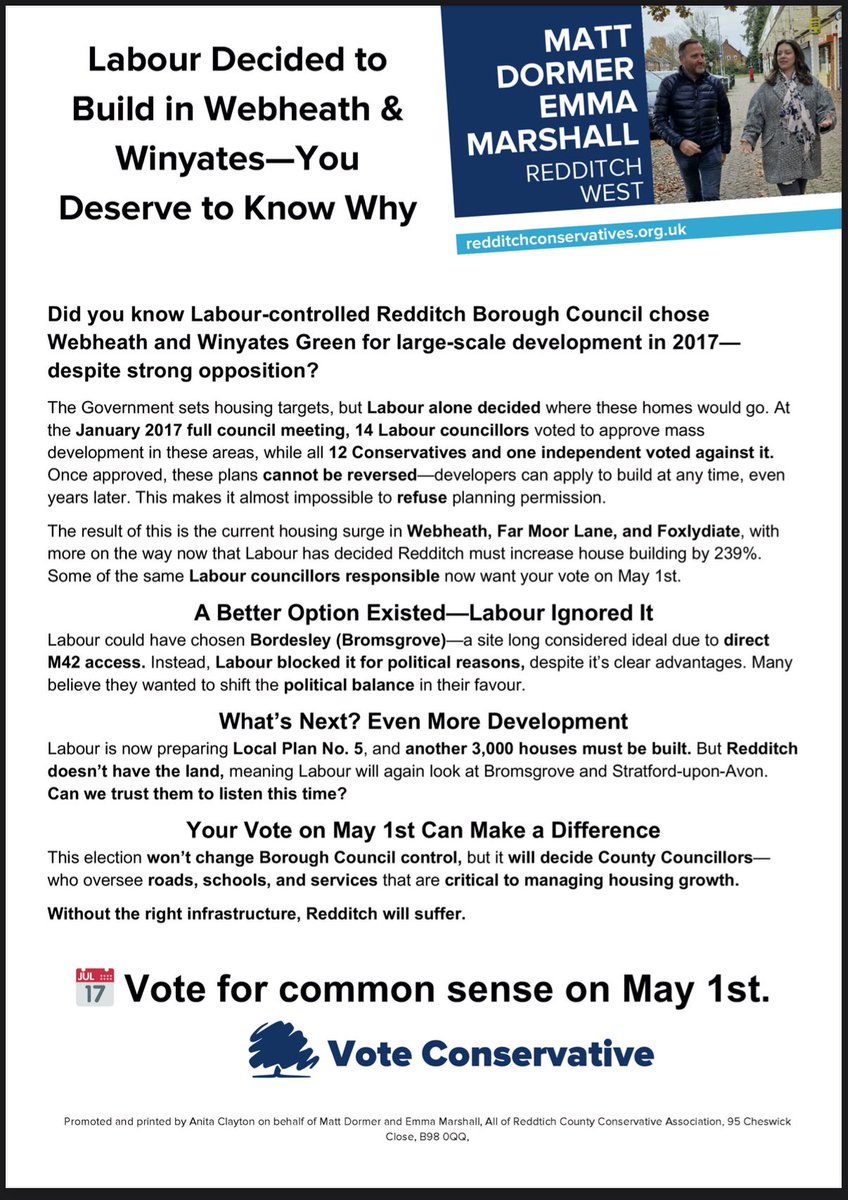 Labour &amp; the Greens voted to concrete over Redditch, ignoring residents. Result? 239% spike in housing targets. Conservatives fought to protect our green belt.

Vote Conservative on May 1st to protect Redditch’s future.

#SaveRedditch #VoteBlue #LabourLetUsDown #GreenbeltMatters