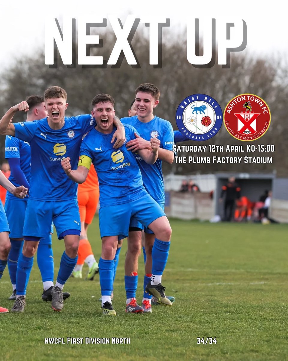 Daisy Hill FC (@officialdhfc) on Twitter photo Our final game of the league campaign is just around the corner!
<a href="/ashtontownfc/">Ashton Town FC</a> will come to the Plumb Factory Stadium with both teams looking to end the season in the best place possible.
Letโs finish the season on a high with a win and a big crowd!
#upthecutters Our final game of the league campaign is just around the corner!
<a href="/ashtontownfc/">Ashton Town FC</a> will come to the Plumb Factory Stadium with both teams looking to end the season in the best place possible.
Letโs finish the season on a high with a win and a big crowd!
#upthecutters